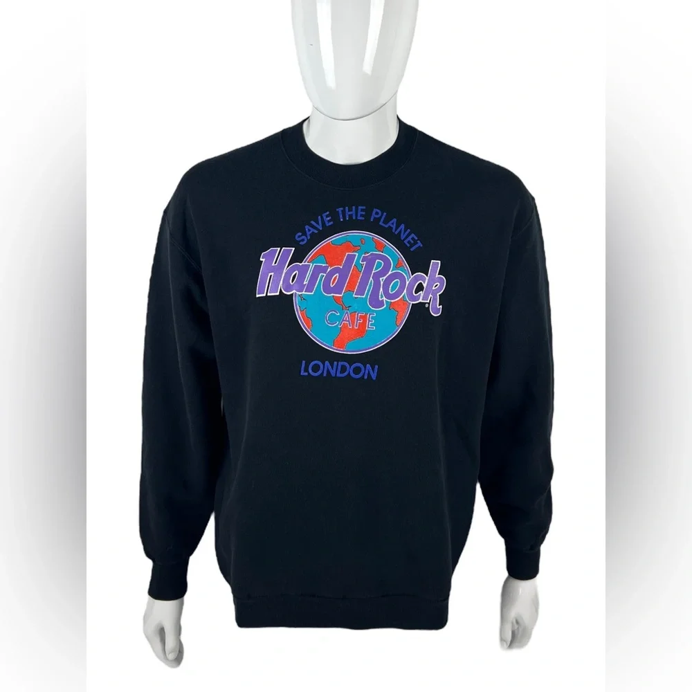 Hard Rock Cafe London Mens Large Sweatshirt Crewneck Vintage Black Cotton Blend